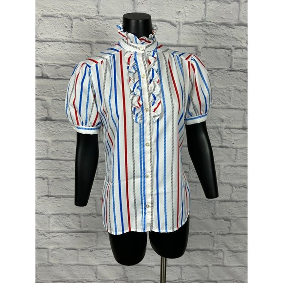 Pins & Needles Women's Button Up Stripe Turtle Neck Ruffled Puffed Short Sleeves - Picture 1 of 6